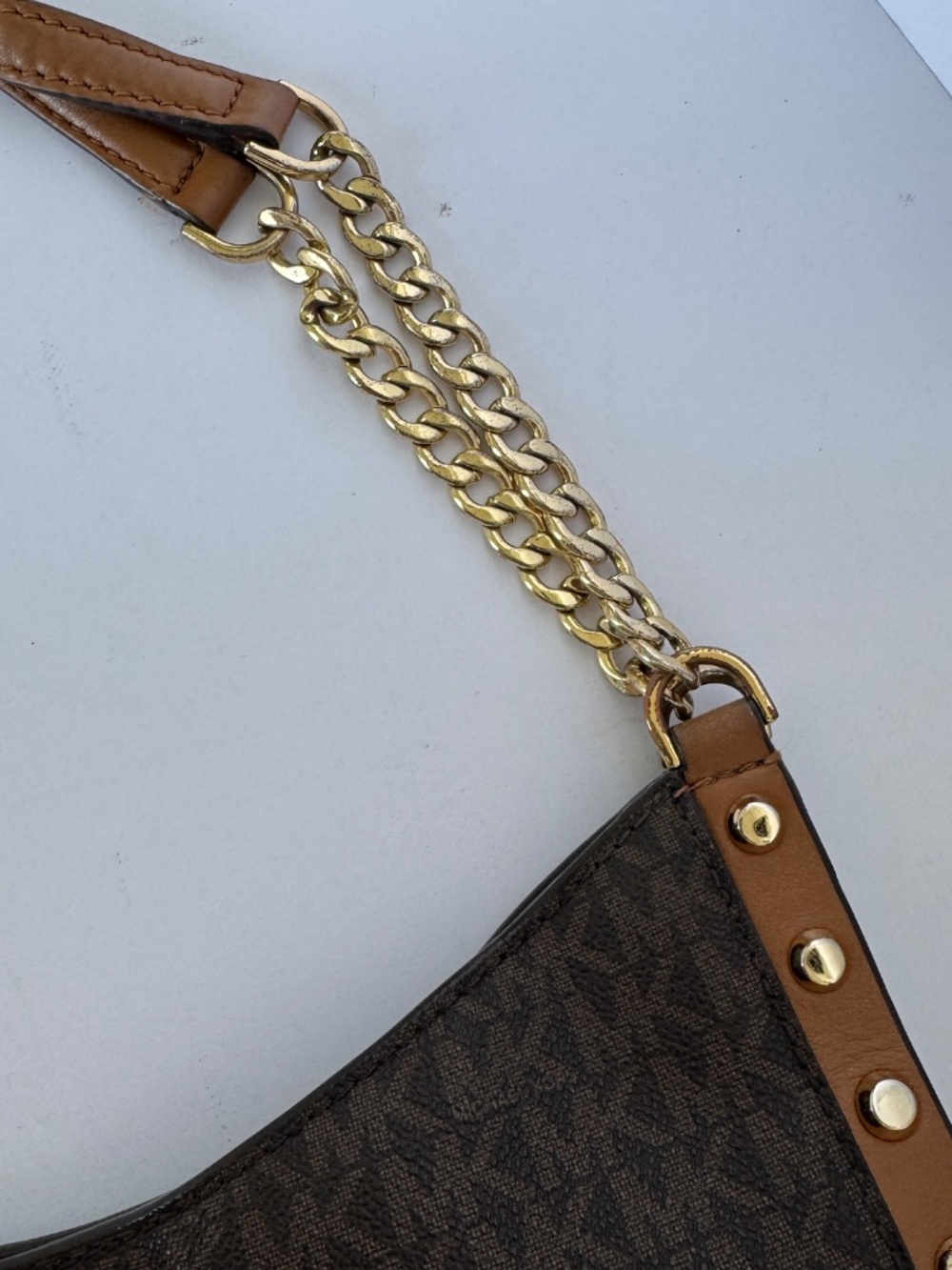 Michael Kors Newbury Brown Signature Studded Chain Shoulder Bag Gold Hardware - Picture 5 of 15